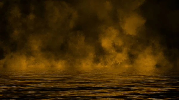 Humo con reflejo en el agua. Misterio niebla amarilla textura superposiciones fondo — Foto de Stock