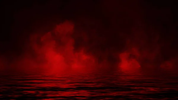 Fumaça vermelha com reflexo na água. Mistério nevoeiro textura sobreposições fundo. Elemento de projeto — Fotografia de Stock