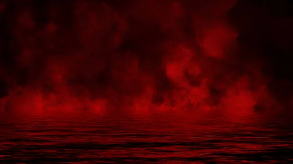 Humo rojo con reflejo en el agua. Misterio niebla textura superpone el fondo. Elemento de diseño — Foto de Stock