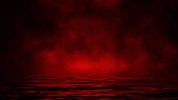 Roter Rauch mit Reflexion im Wasser. Mystery Nebeltextur überlagert Hintergrund. Gestaltungselement — Stockfoto