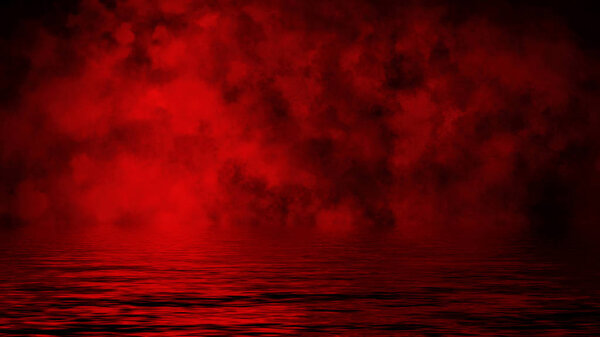 Red smoke with reflection in water. Mistery fog texture overlays background .
