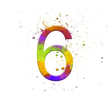 İzole beyaz arka plan üzerinde 6 numaralı illüstrasyon. Splatter ile suluboya alfabesi sembolü. Tasarım öğesi.