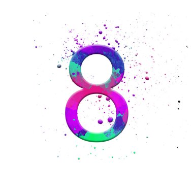 İzole beyaz arka plan üzerinde 8 numaralı illüstrasyon. Splatter ile suluboya alfabesi sembolü. Tasarım öğesi.