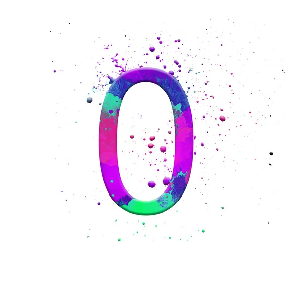 Abbildung Nummer 0 auf isoliertem weißem Hintergrund. Aquarell-Alphabet-Symbol mit Splatter. Gestaltungselement. — Stockfoto