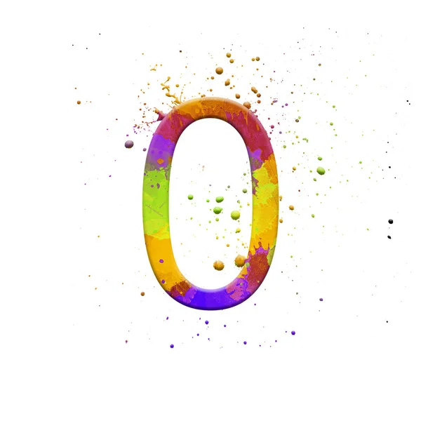 Abbildung Nummer 0 auf isoliertem weißem Hintergrund. Aquarell-Alphabet-Symbol mit Splatter. Gestaltungselement. — Stockfoto
