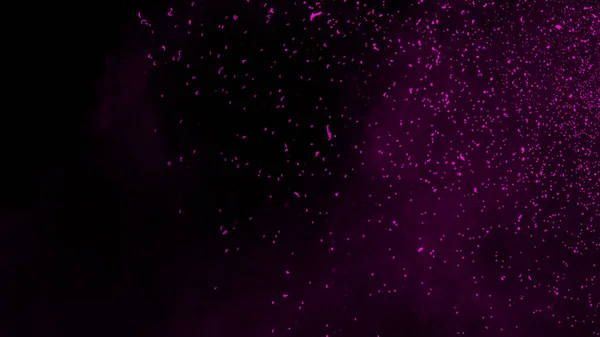 Violet particles debris isolated on black background for text or space . Overlays texture effect.