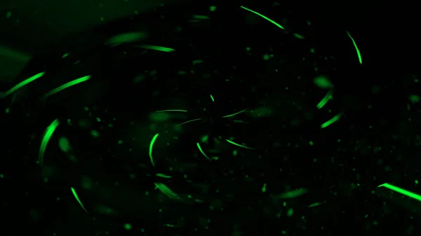 Groene deeltjes effect stof puin geïsoleerd op zwarte achtergrond, Motion powder spray burst in textuur — Stockfoto