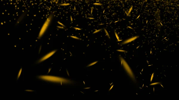 Gelbe Partikel bewirken Staubschutt isoliert auf schwarzem Hintergrund, Pulverspray platzt. Gestaltungselement — Stockfoto