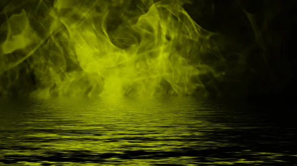 Smoke with reflection in water. Mistery yellow fog texture overlays background Design element. — Stock Photo, Image