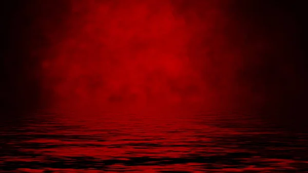 Μυστήρια παράκτια ομίχλη. Κόκκινος καπνός στην ακτή. Αντανάκλαση στο νερό. Στοιχείο σχεδίασης — Φωτογραφία Αρχείου