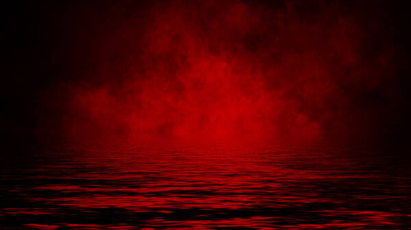 Mistery coastal fog . Red smoke on the shore . Reflection in water.