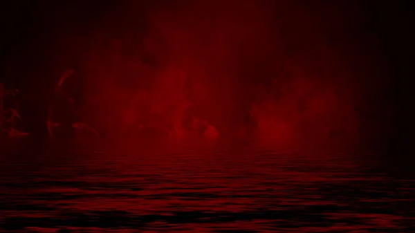 Mistery coastal fog . Red smoke on the shore . Reflection in water. Design element — Stock Photo, Image