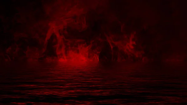 Mistery coastal fog . Red smoke on the shore . Reflection in water. Design element — Stock Photo, Image