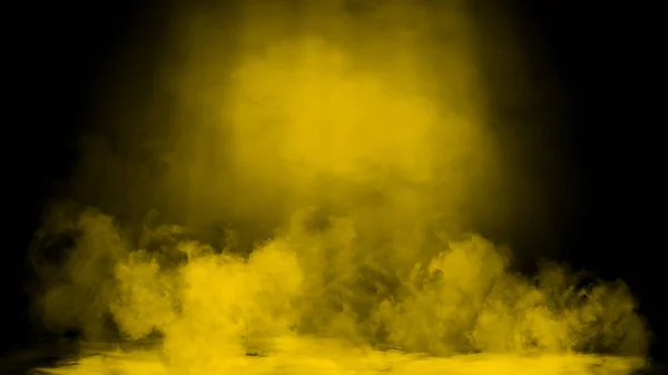 Dry ice smoke clouds fog floor texture. Perfect yellow spotlight mist effect on isolated black background. Design element. — Stock Photo, Image