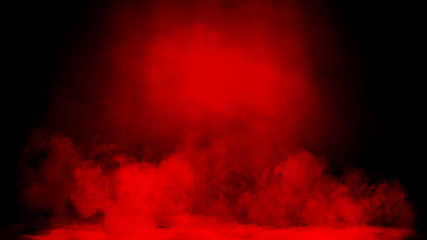 Dry ice red smoke clouds fog floor texture. Perfect spotlight mist effect on isolated black background.