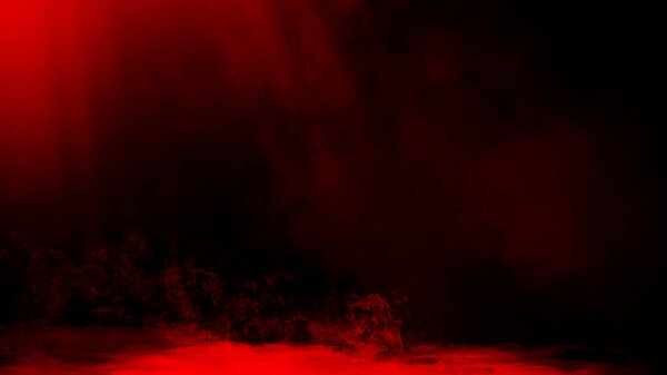 Dry ice red smoke clouds fog floor texture. Perfect spotlight mist effect on isolated black background.