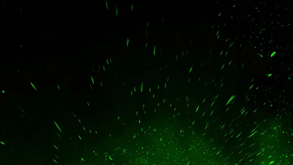 Green particles debris isolated on black background for text or space . Film texture effect. Design element.