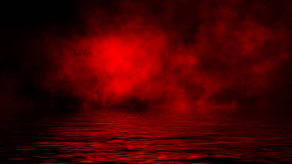 Mistery coastal fog . Red smoke on the shore . Reflection in water. Design element.