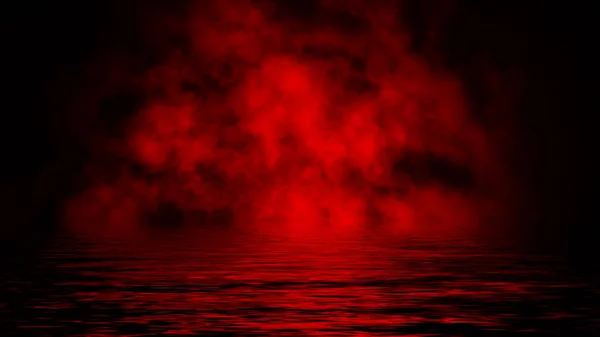 Mistery coastal fog . Red smoke on the shore . Reflection in water. — Stock Photo, Image