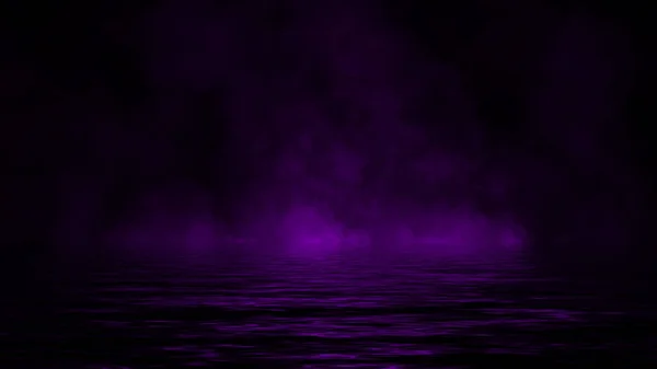 Purple smoke . Misty fog with reflection in water. Isolated on black background. Design element — Stock Photo, Image
