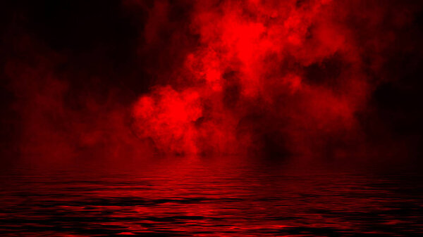Mistery coastal fog . Red smoke on the shore . Reflection in water. Design element.