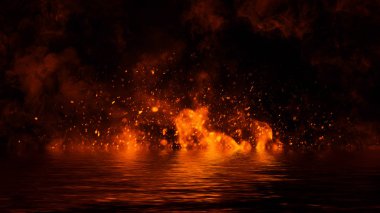 Sudaki yansıma ile ateş dokusu. İzole edilmiş siyah arka plandaki alevler. Afiş, el ilanı, kart için doku . Tasarım öğesi.