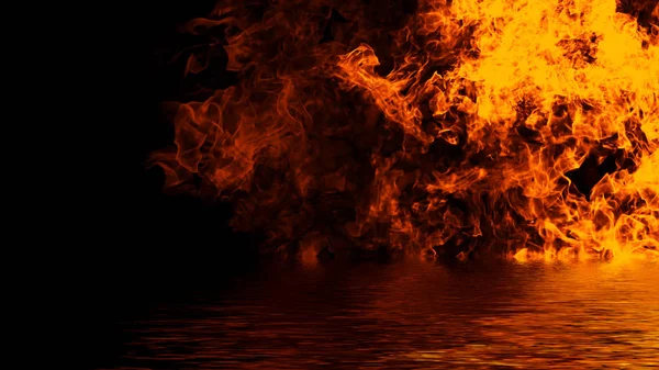 水に反射した火の質感。孤立した黒い背景に炎。バナー、チラシ、カードのためのテクスチャ.デザイン要素. — ストック写真