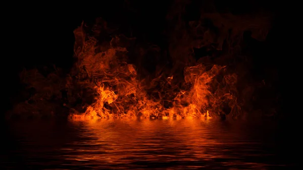 Textur des Feuers mit Reflexion im Wasser. Flammen auf isoliertem schwarzen Hintergrund. — Stockfoto