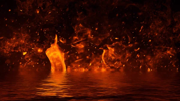 Textur des Feuers mit Reflexion im Wasser. Flammen auf isoliertem schwarzen Hintergrund. Textur für Banner, Flyer, Karte. Gestaltungselement. — Stockfoto