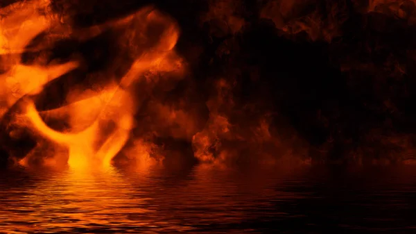 Texture of fire with reflection in water. Flames on isolated black background. — Stock Photo, Image