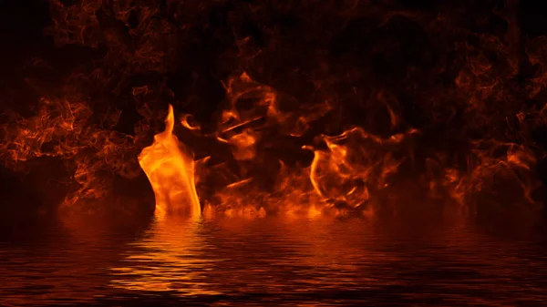 A textura da chama de fogo em chamas sobrepõe-se ao fundo isolado com reflexão de água. Elemento de projeto . — Fotografia de Stock