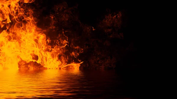 Textura de fuego con reflejo en el agua. Llamas sobre fondo negro aislado. Textura para pancarta, volante, tarjeta. Elemento de diseño . —  Fotos de Stock