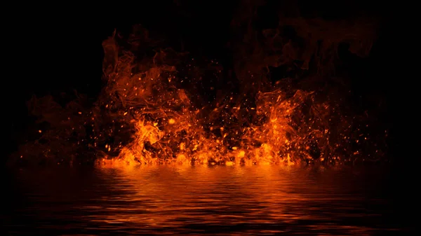 Lodernde Feuerflamme Textur überlagert auf isoliertem Hintergrund mit Wasserreflexion. Gestaltungselement. — Stockfoto