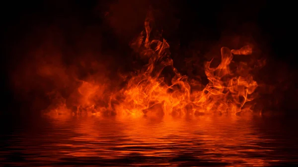 黒の背景に装飾やカバーのための現実的な孤立した火災効果。粒子、炎と光の概念. — ストック写真