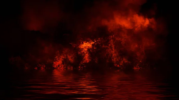 Texture di fuoco con riflesso in acqua. Fiamme su sfondo nero isolato. Elemento di design . — Foto Stock