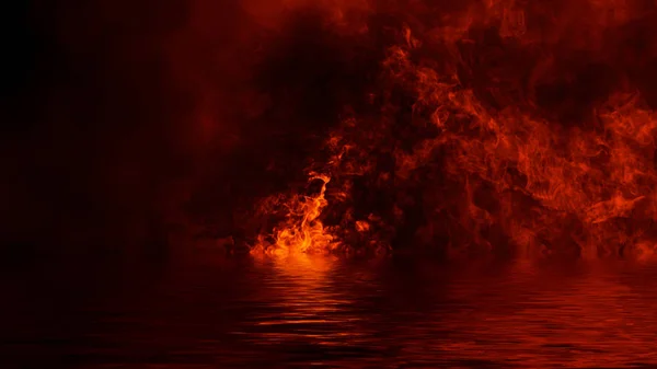 Υφή φωτιάς με αντανάκλαση στο νερό. Φλόγες σε απομονωμένο μαύρο φόντο. Στοιχείο σχεδίασης. — Φωτογραφία Αρχείου