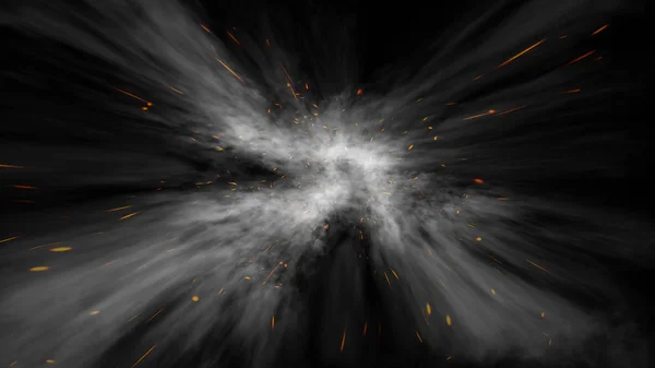 Výbuch vypalovat částice. Izolovaný kouř na černém pozadí. Návrhových prvků. — Stock fotografie