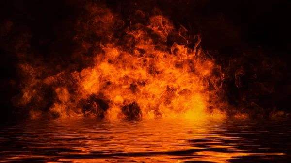 Texture fuoco con riflesso in acqua. Fiamme su fondo nero isolato . — Foto Stock