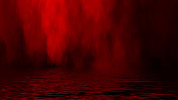 Mystic red fog on coastal. Paranormal smoke on black background. Reflection on water.