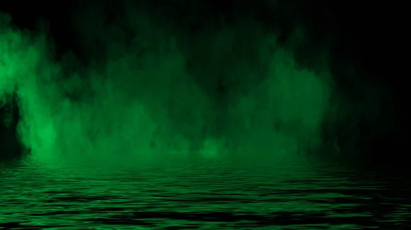 Mystická Zelená Mlha Pobřeží Paranormální Kouř Černém Pozadí Úvahy Vodě — Stock fotografie