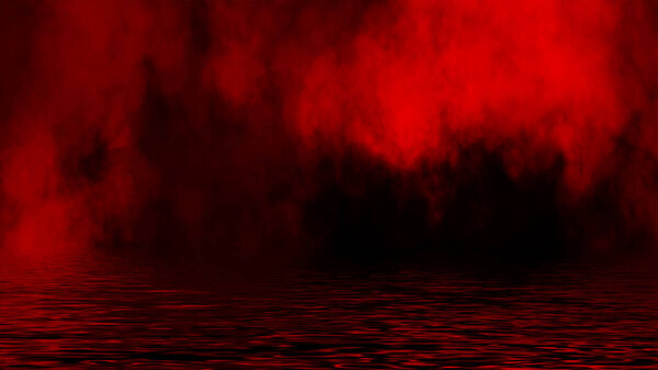 Mystic red fog on coastal. Paranormal smoke on black background. Reflection on water.