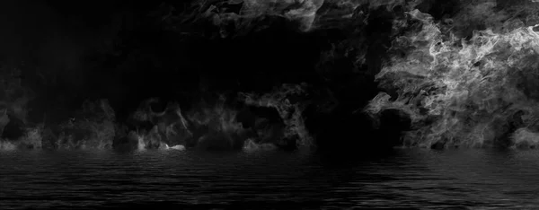 Panoramic view black and white fire. Perfect explosion effect for decoration and covering on isolated background. Concept burn flame and light texture overlays. . Reflection on water.