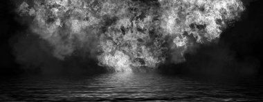 Panoramic view black and white fire. Perfect explosion effect for decoration and covering on isolated background. Concept burn flame and light texture overlays. . Reflection on water. clipart