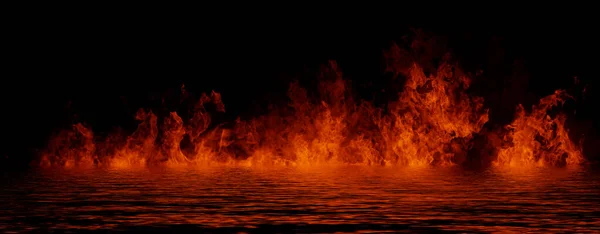 孤立した背景にパノラマビューの火災 装飾や背景をカバーするための完璧な爆発効果 コンセプトは 炎と光のテクスチャオーバーレイを燃やす 水への反射 ストックイラスト — ストック写真
