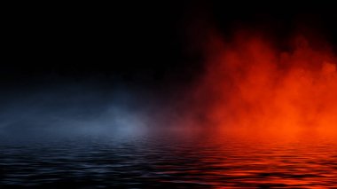 Ateşe karşı suyun karşılaşması. Kıyıya yansıyan mistik ateş dumanı. Stok illüstrasyonu.