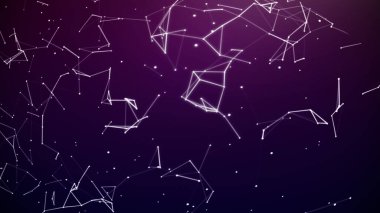 Duman arkaplanı olan renkli soyut parçacık. Hareketli çizgiler ve noktalarla karışık iletişim teknolojisi ağı. Teknolojik bağlantı fütürist web konsept dokusu. Pleksus etkisi. Stok illüstrasyonu.