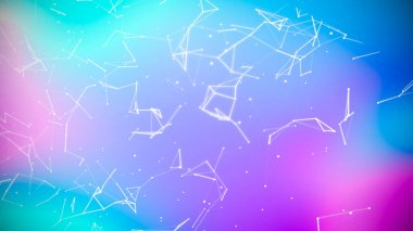 Duman arkaplanı olan renkli soyut parçacık. Hareketli çizgiler ve noktalarla karışık iletişim teknolojisi ağı. Teknolojik bağlantı fütürist web konsept dokusu. Pleksus etkisi. Stok illüstrasyonu.