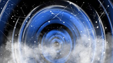 Duman arkaplanı olan mavi soyut parçacık. Hareketli çizgiler ve noktalarla karışık iletişim teknolojisi ağı. Teknolojik bağlantı fütürist web konsept dokusu. Stok çizimi. Pleksus etkisi.