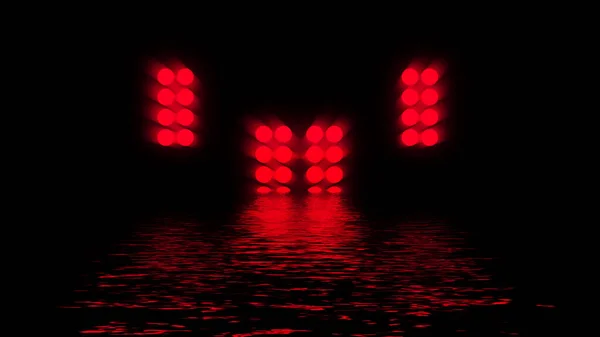工作室聚光灯 在体育场举行的点灯颁奖仪式 舞台上灯火通明 放映机红色明亮的体育场竞技场灯光 对水的反思 — 图库照片