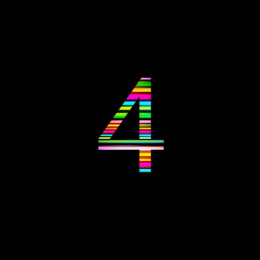 İzole edilmiş siyah arkaplanda 4 numaralı gökkuşağı çizimi. Pankart, el ilanı veya kapak için soyut alfabe sembolü.